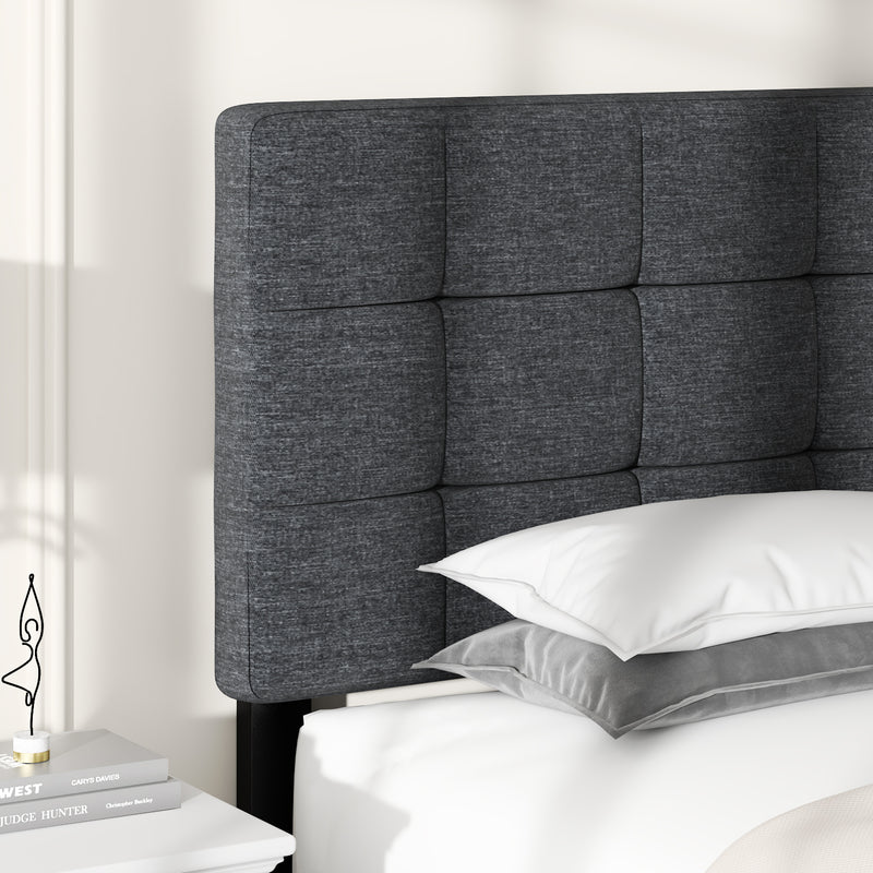 Queen Size Fabric Upholstered Panel Bed Frame with Adjustable Headboard, Square Stitched Style, Grey