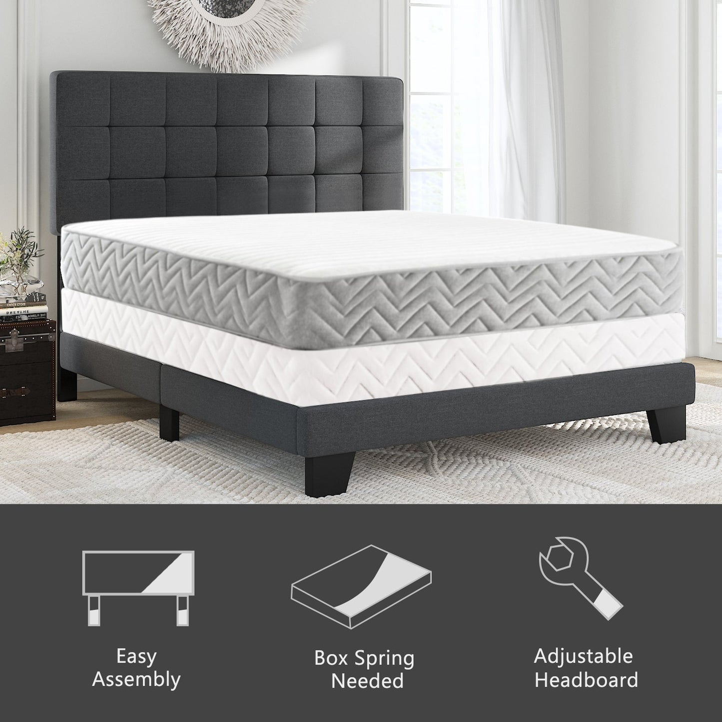 Fabric Upholstered Platform Bed Frame, Panel Bed Frame with Adjustable High Headboard