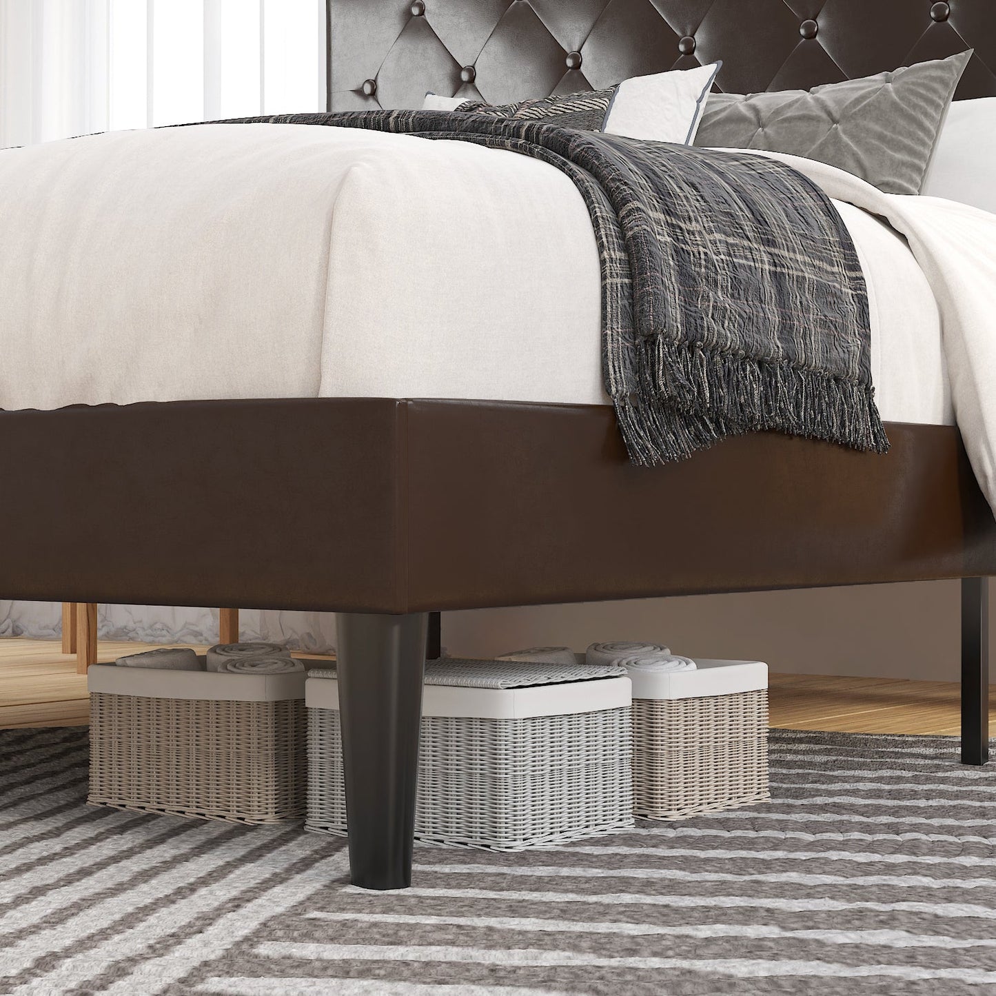 Faux Leather Upholstered Bed Frame with Adjustable Diamond Stitched Button Tufted Headboard