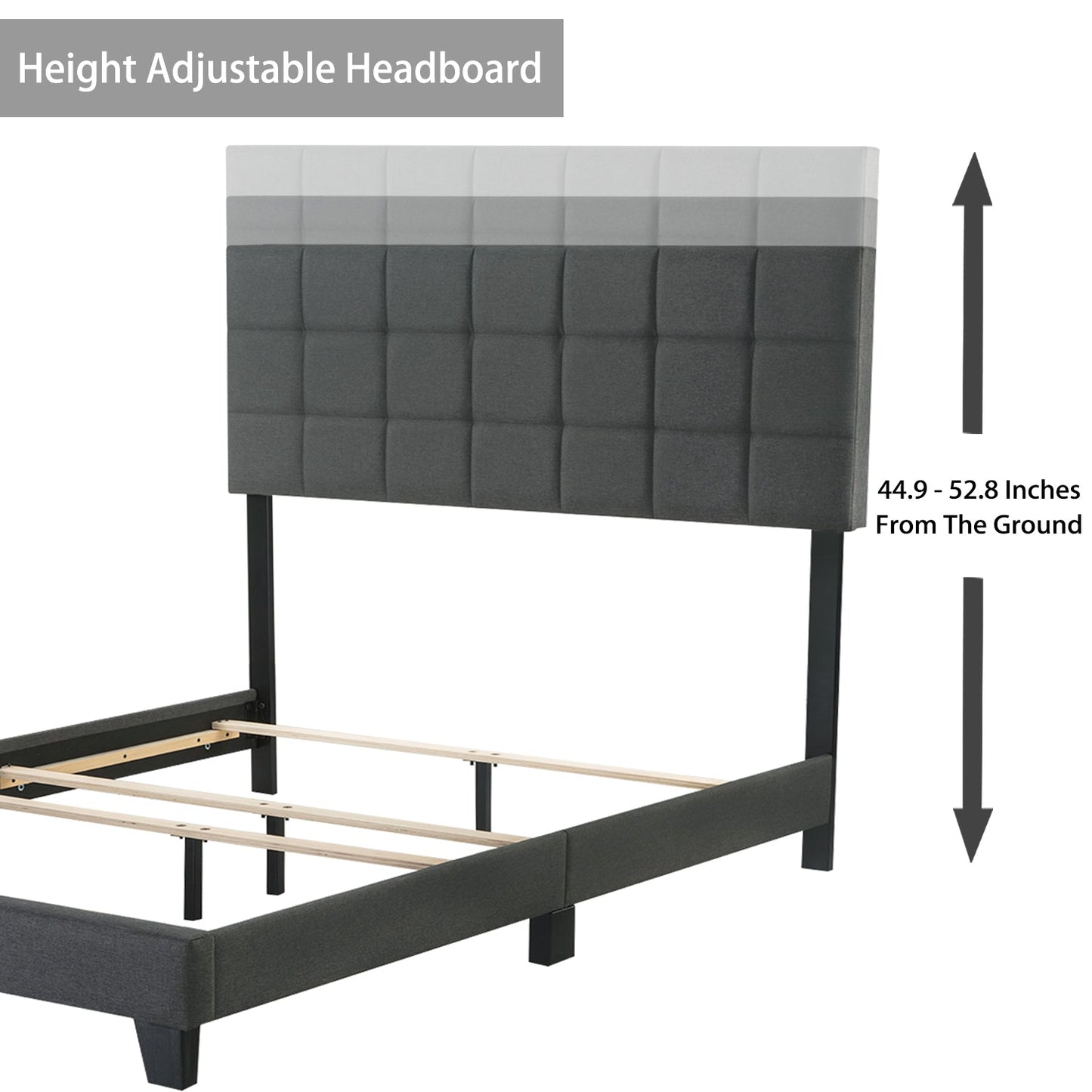 Fabric Upholstered Platform Bed Frame, Panel Bed Frame with Adjustable High Headboard