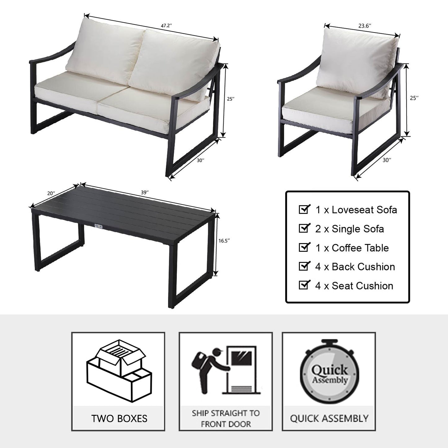 4 Pieces Patio Furniture Set Outdoor Conversation Sets, Modern Loveseat, Table and Chairs