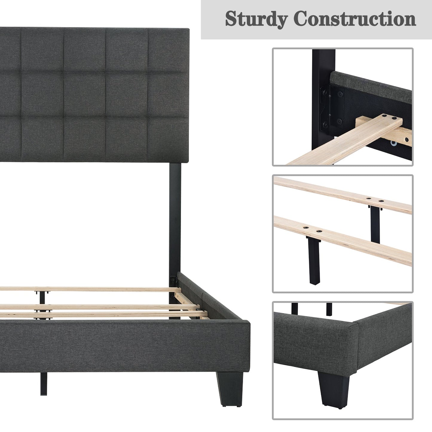 Fabric Upholstered Platform Bed Frame, Panel Bed Frame with Adjustable High Headboard