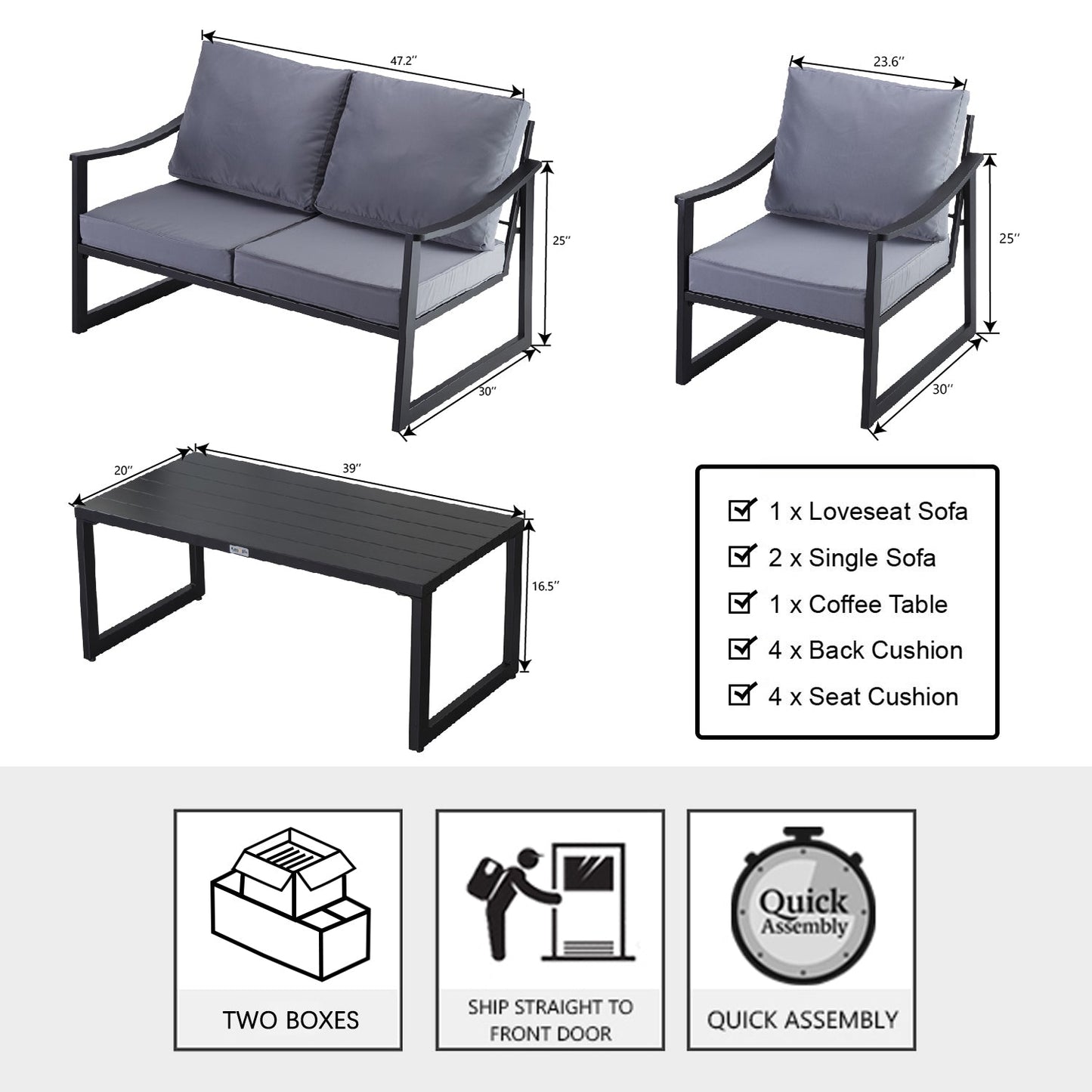 4 Pieces Patio Furniture Set Outdoor Conversation Sets, Modern Loveseat, Table and Chairs