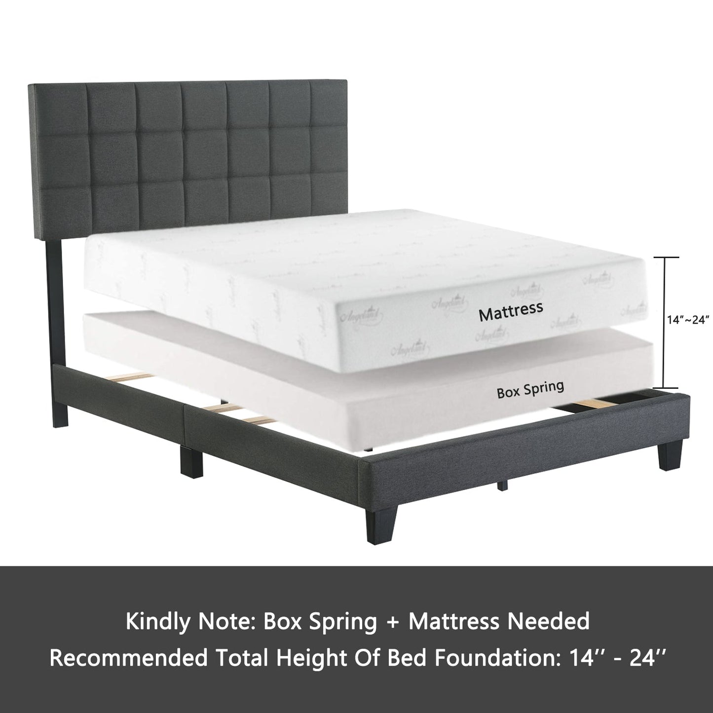 Fabric Upholstered Platform Bed Frame, Panel Bed Frame with Adjustable High Headboard