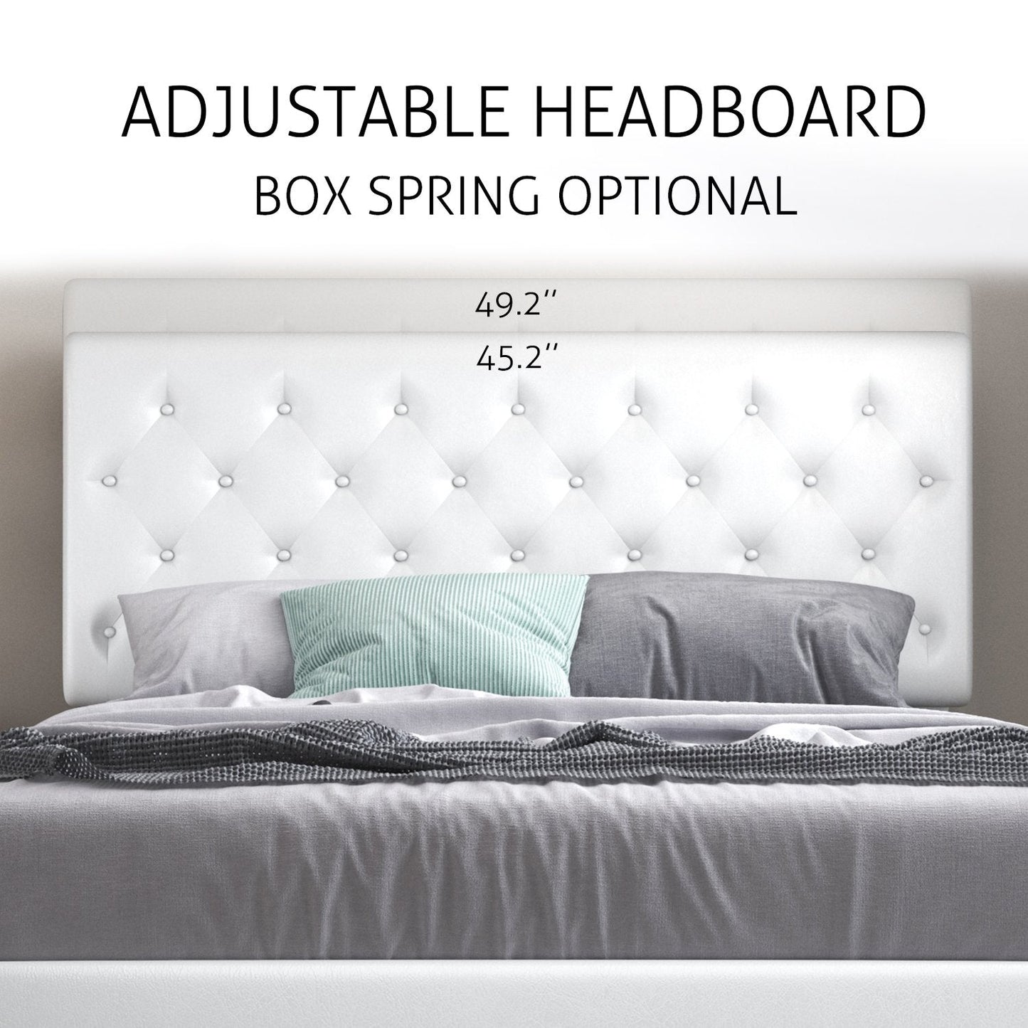 Faux Leather Upholstered Bed Frame with Adjustable Diamond Stitched Button Tufted Headboard