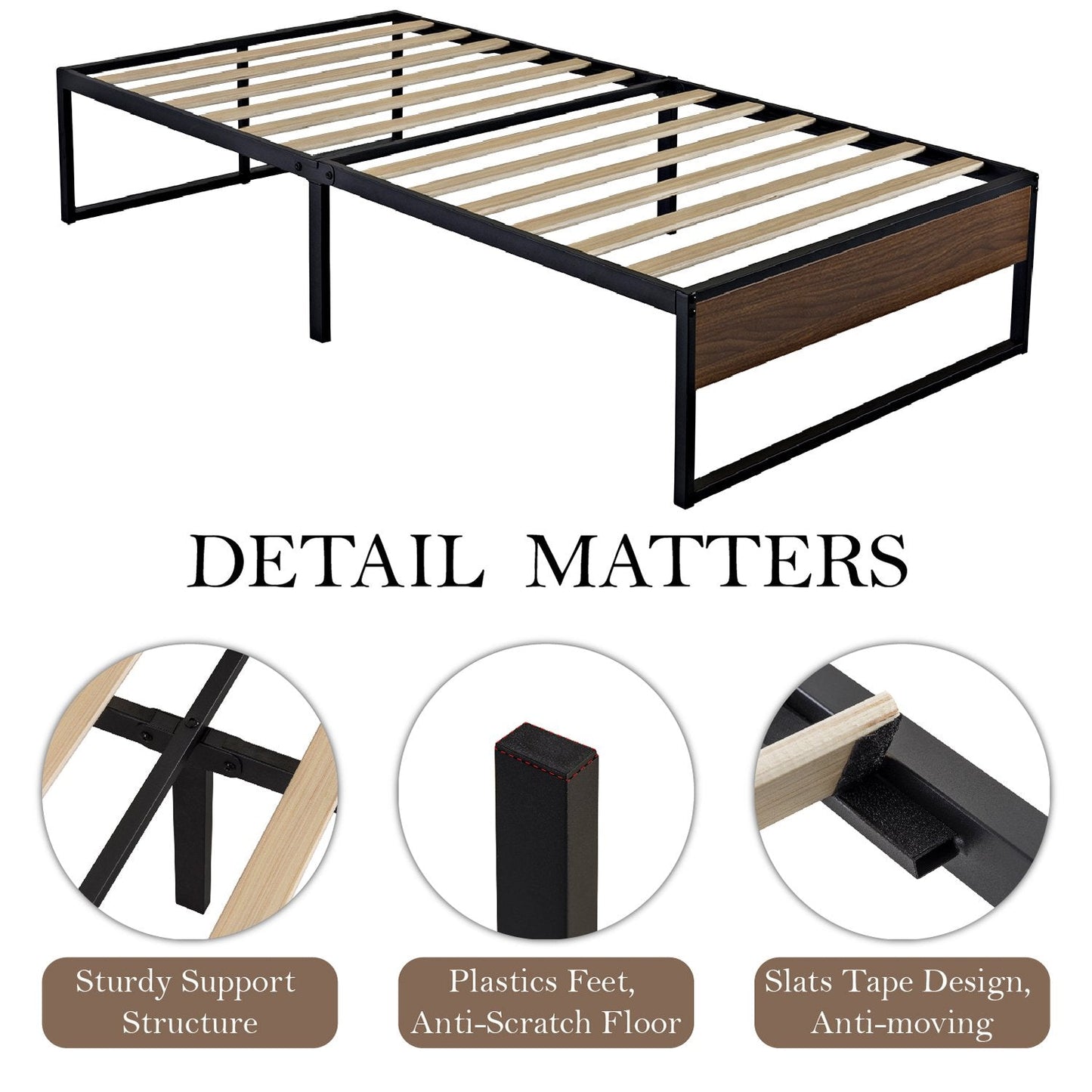 14 Inch Metal Bed Frame with Storage, Mattress Foundation with Rustic Wood