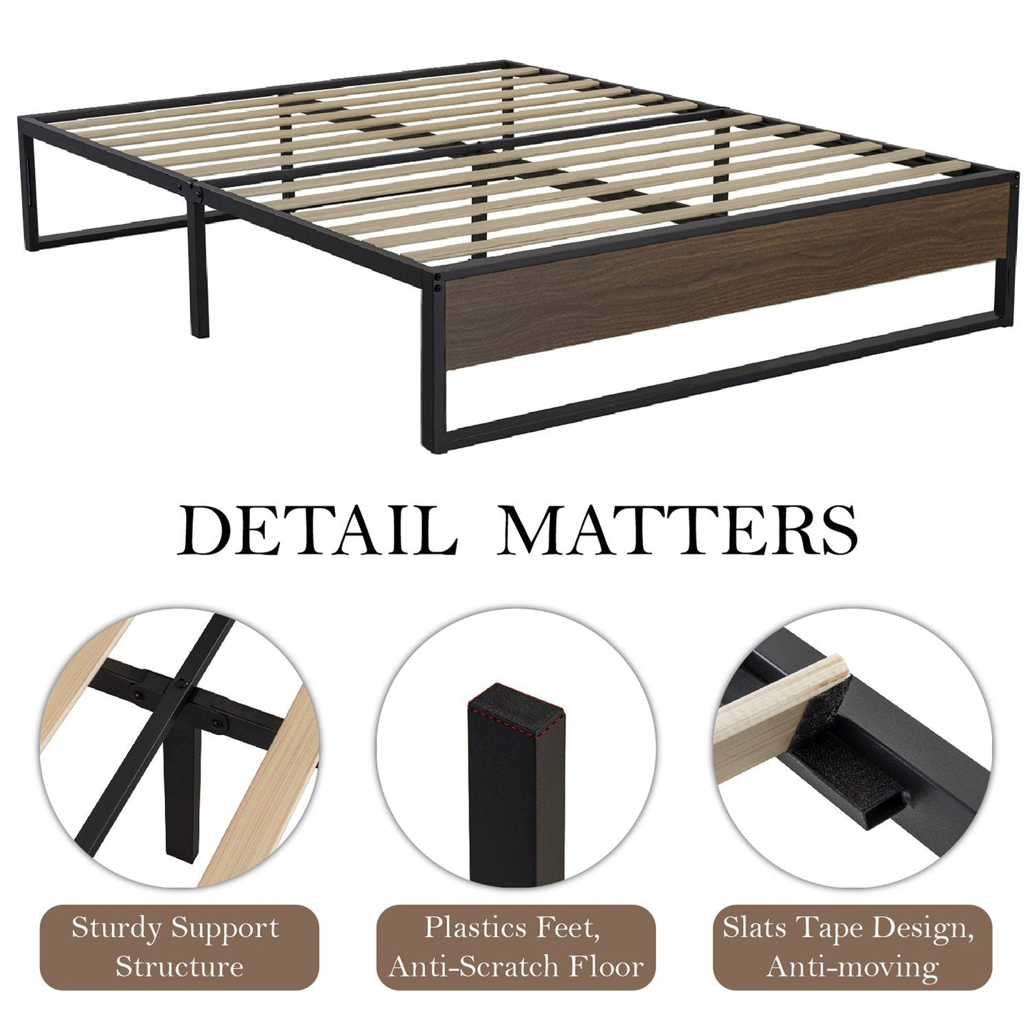 14 Inch Metal Bed Frame with Storage, Mattress Foundation with Rustic Wood