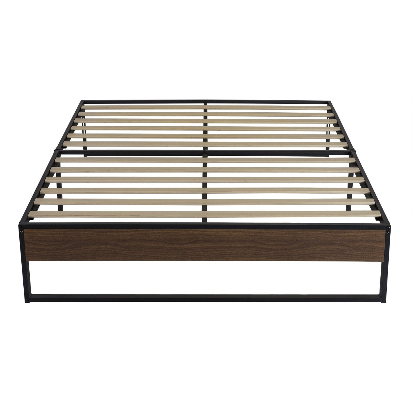 14 Inch Metal Bed Frame with Storage, Mattress Foundation with Rustic Wood