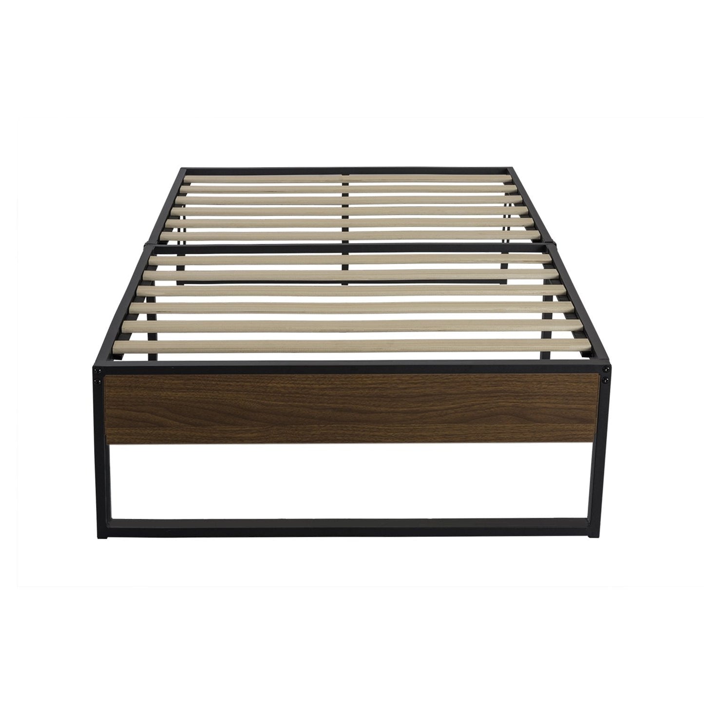 14 Inch Metal Bed Frame with Storage, Mattress Foundation with Rustic Wood
