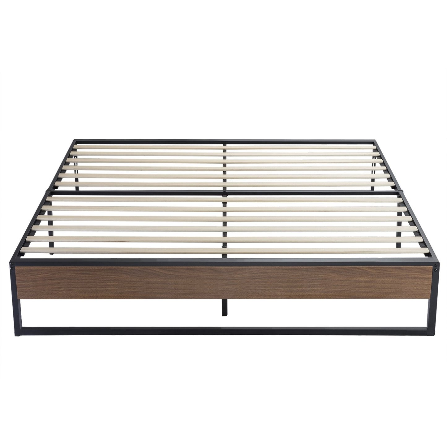 14 Inch Metal Bed Frame with Storage, Mattress Foundation with Rustic Wood