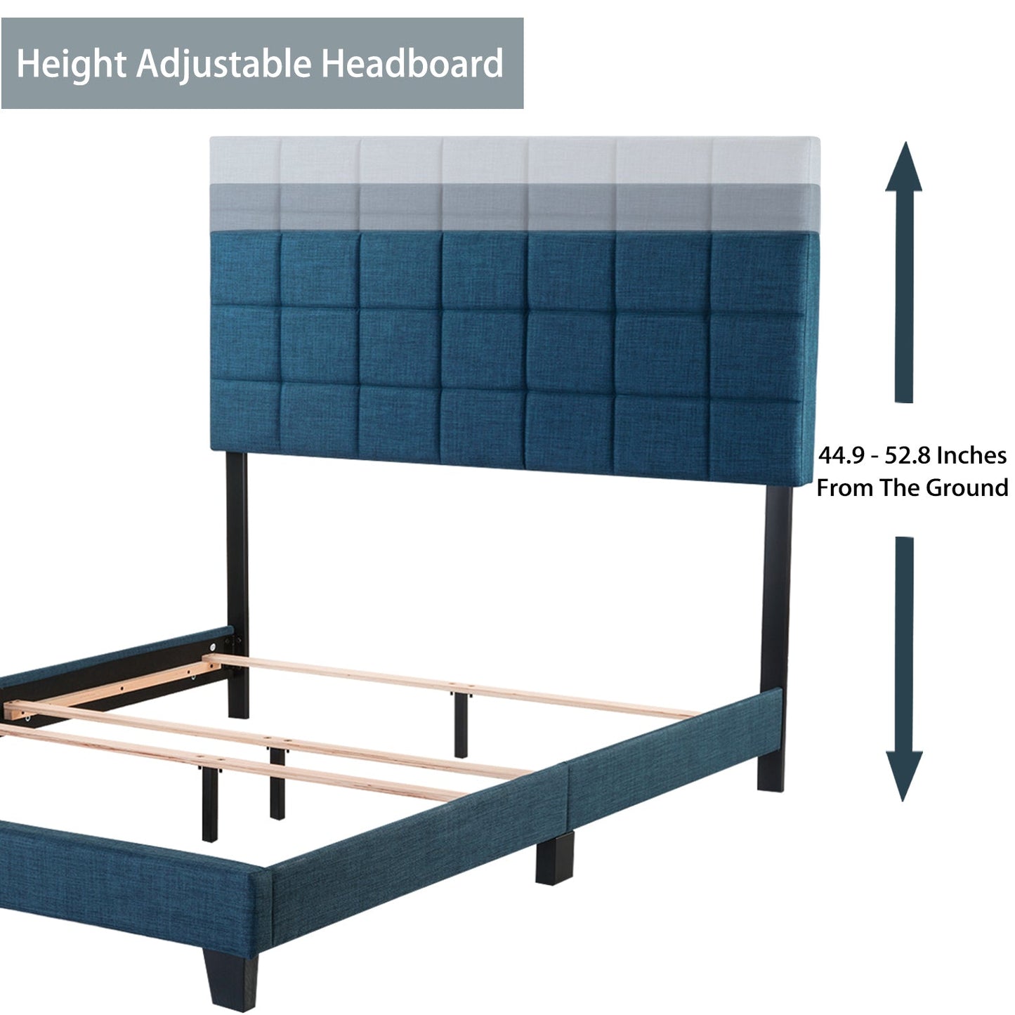 Fabric Upholstered Platform Bed Frame, Panel Bed Frame with Adjustable High Headboard