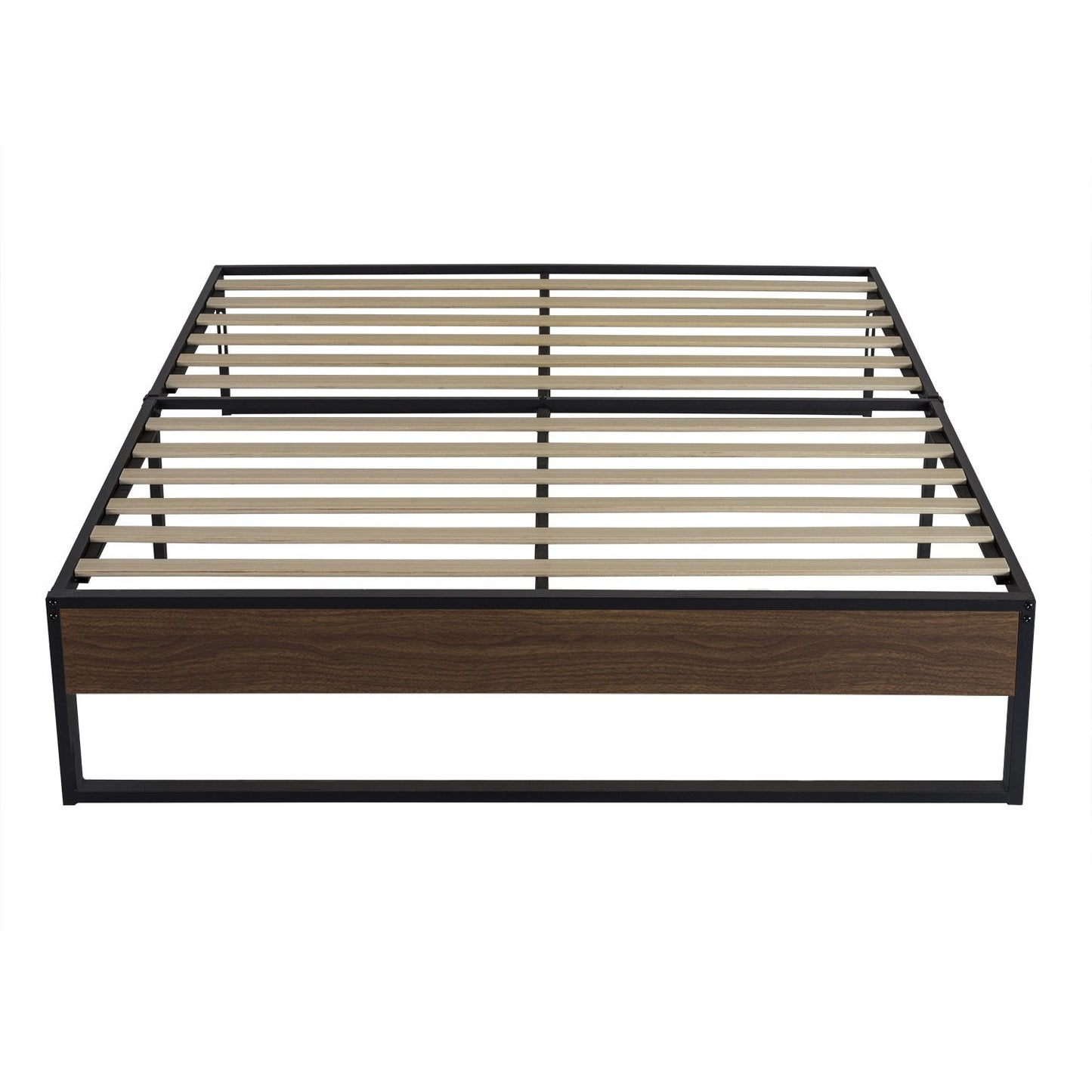 14 Inch Metal Bed Frame with Storage, Mattress Foundation with Rustic Wood