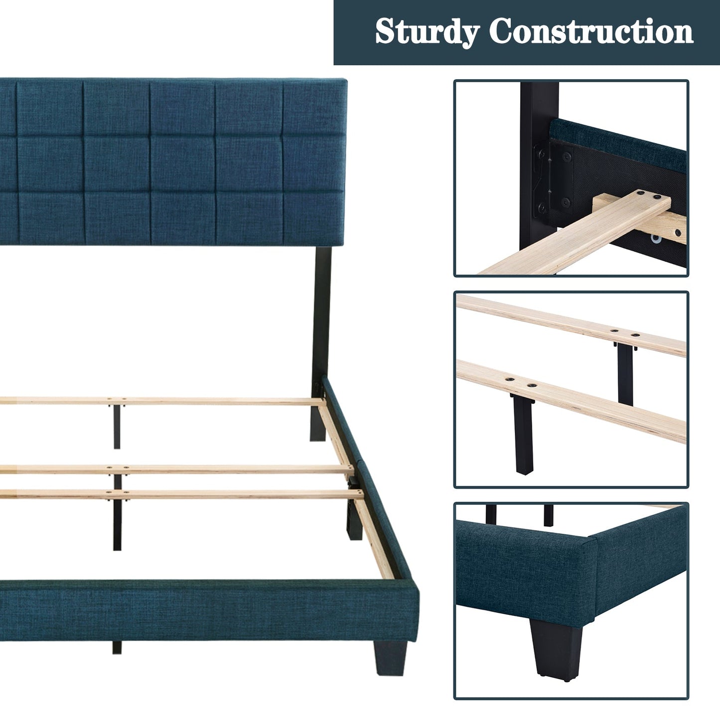 Fabric Upholstered Platform Bed Frame, Panel Bed Frame with Adjustable High Headboard