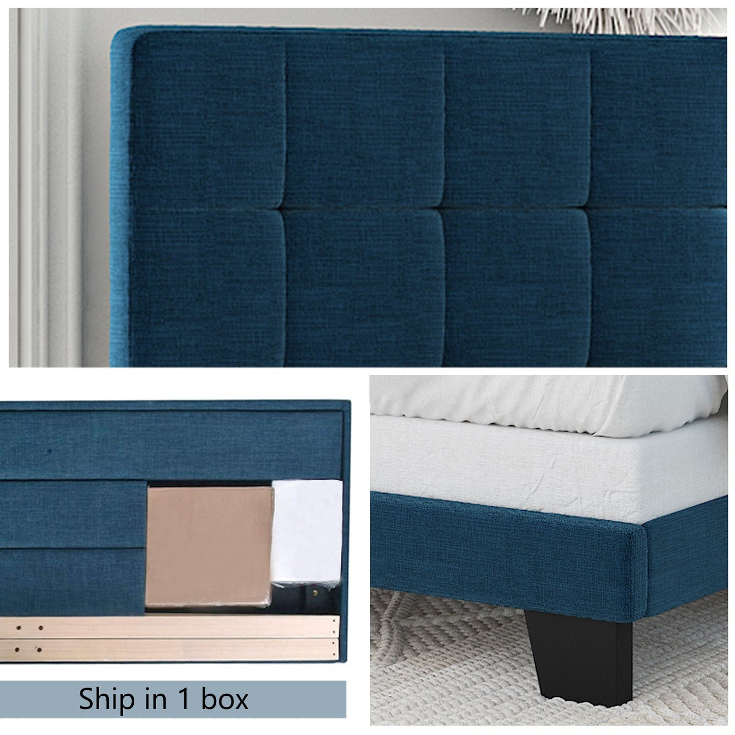 Fabric Upholstered Platform Bed Frame, Panel Bed Frame with Adjustable High Headboard