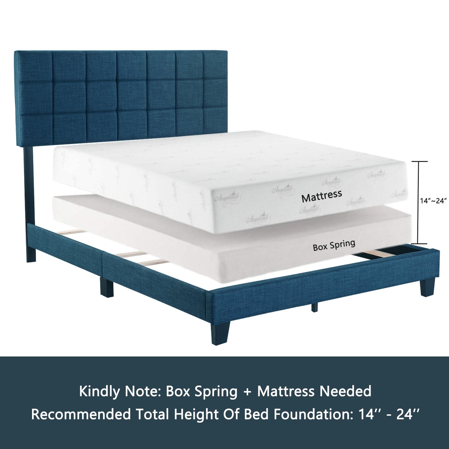 Fabric Upholstered Platform Bed Frame, Panel Bed Frame with Adjustable High Headboard