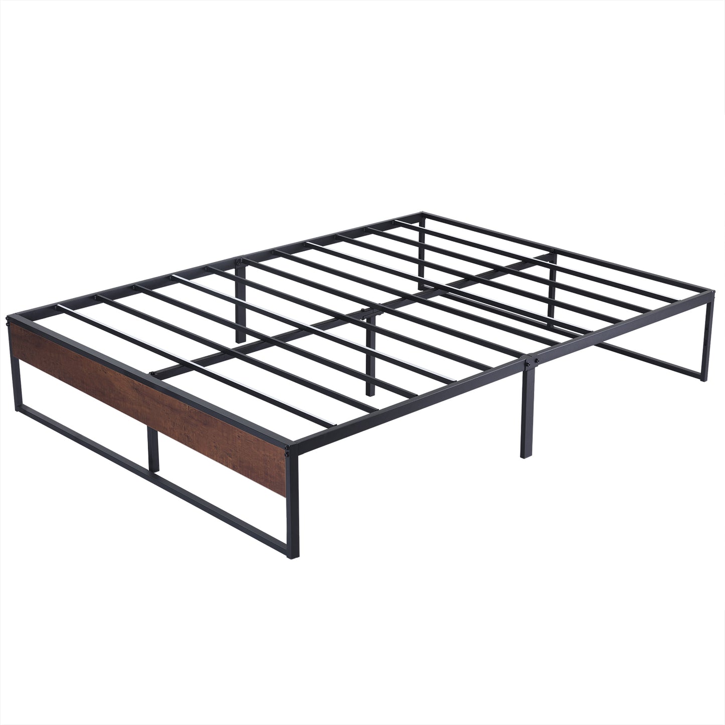 14 Inch Metal Bed Frame with Storage, Mattress Foundation with Rustic Wood