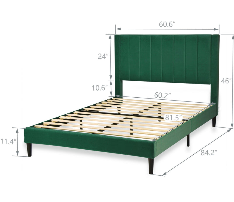Velvet Upholstered Platform Bed Frame with Headboard, Strong Wood Slats Support