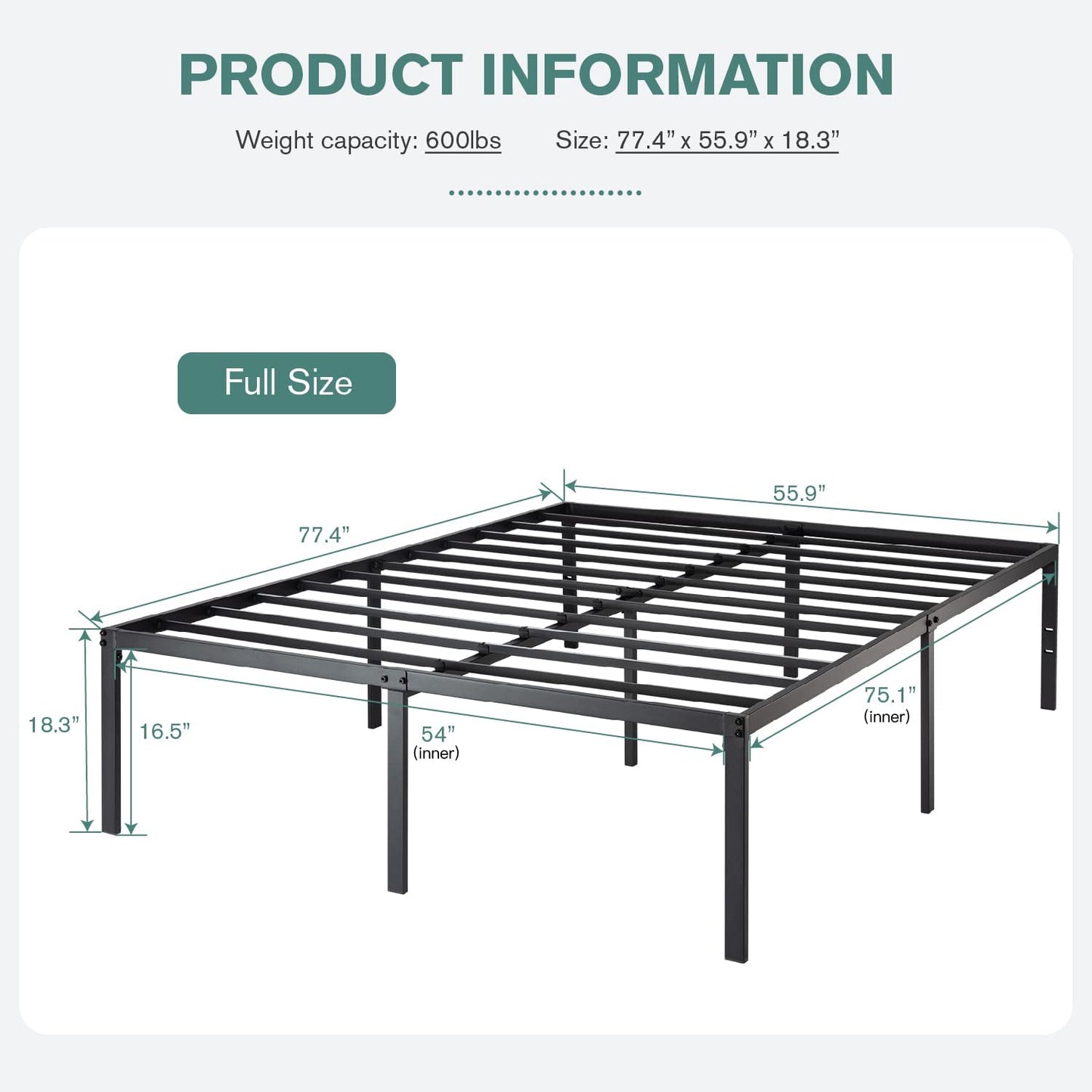 Heavy Duty Platform Bed Frame with 16.5’’ Large Under Bed Storage Space, Sturdy Metal Frame