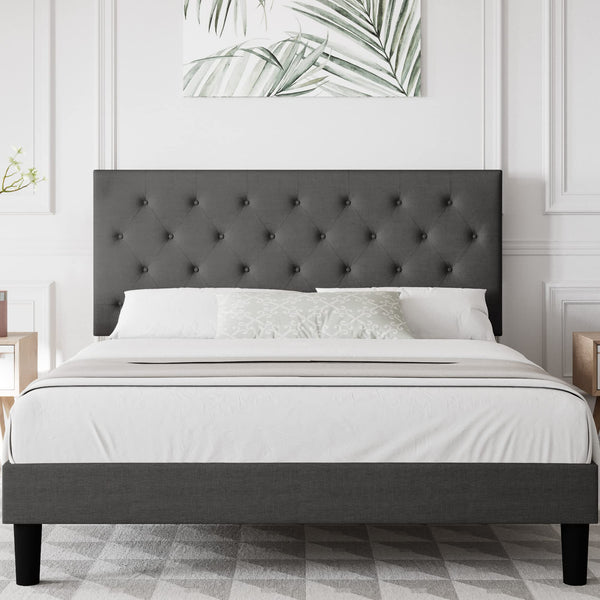 Amolife Bed Frame with Adjustable Headboard/Diamond Stitched Button Tufted/Fabric Upholstered Platform Bed Frame/Wood Slat Support
