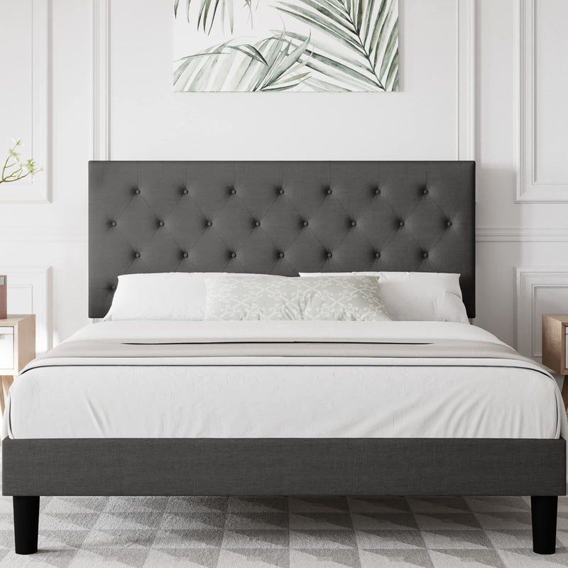 Amolife Bed Frame with Adjustable Headboard/Diamond Stitched Button Tufted/Fabric Upholstered Platform Bed Frame/Wood Slat Support