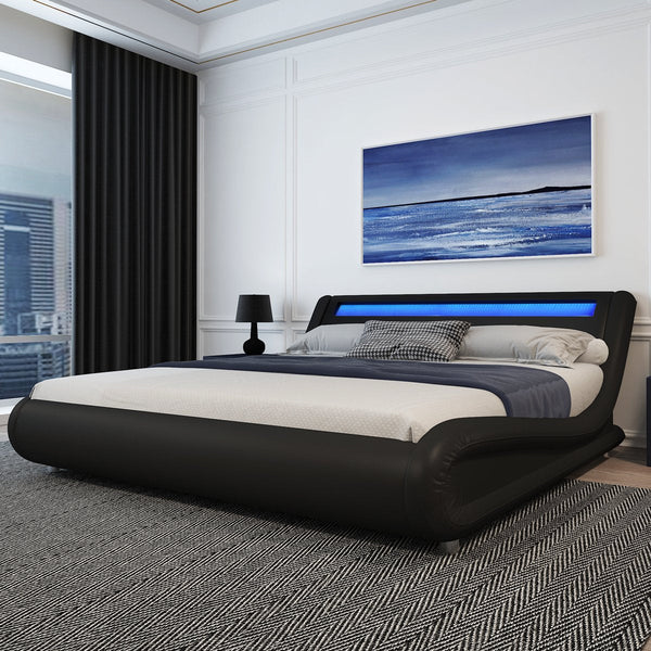 Wave Like Curve Deluxe Upholstered Modern Bed Frame with LED Headboard