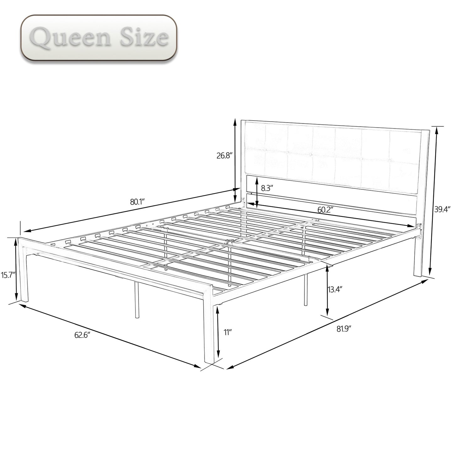 Bed Frame with Upholstered Button Tufted Square Stitch Headboard