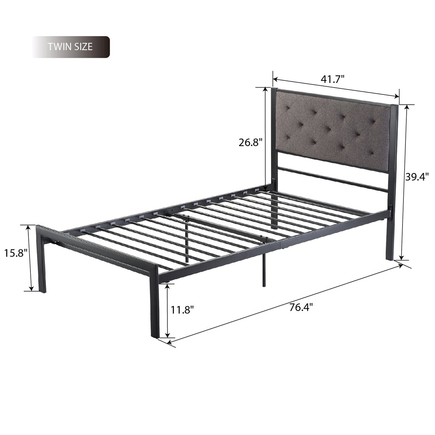 Metal Bed Frame with Headboard, Strong Steel Slats Support
