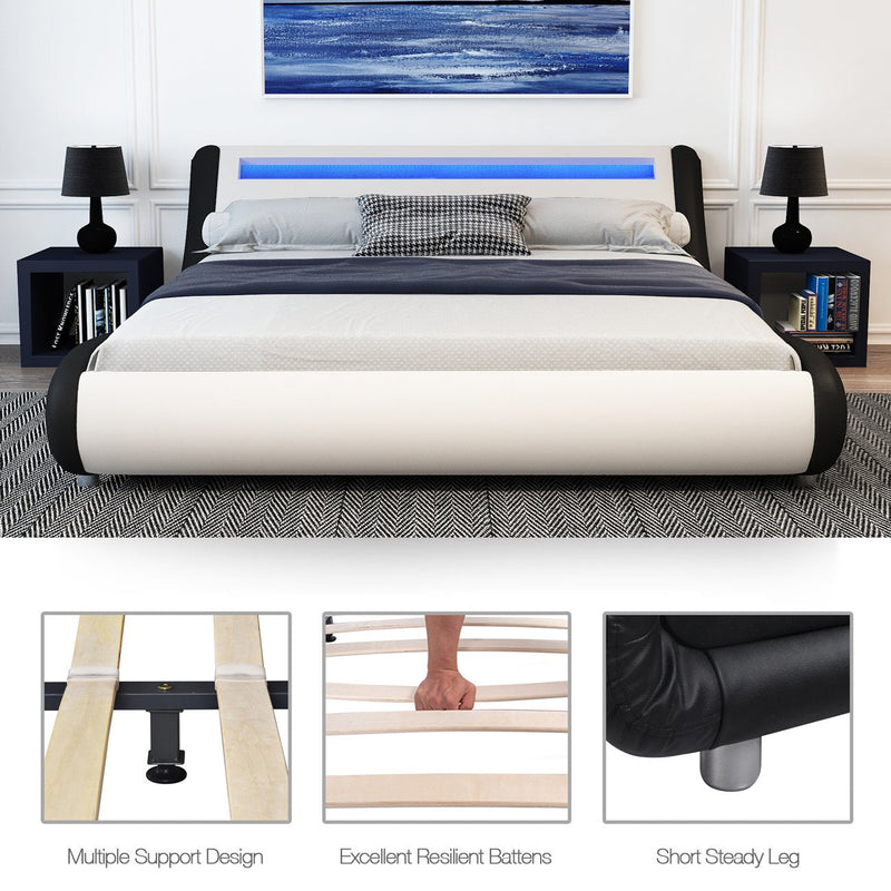 Wave Like Curve Deluxe Upholstered Modern Bed Frame with LED Headboard
