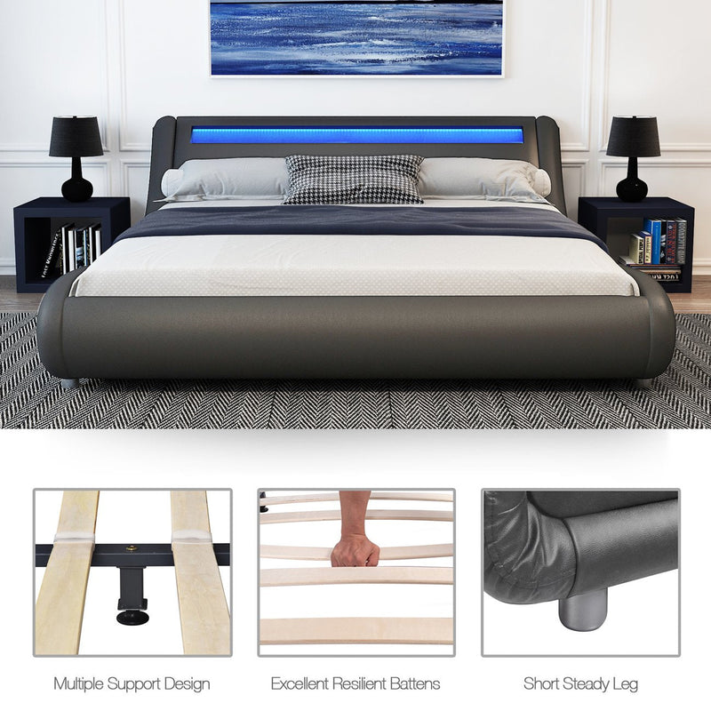 Wave Like Curve Deluxe Upholstered Modern Bed Frame with LED Headboard
