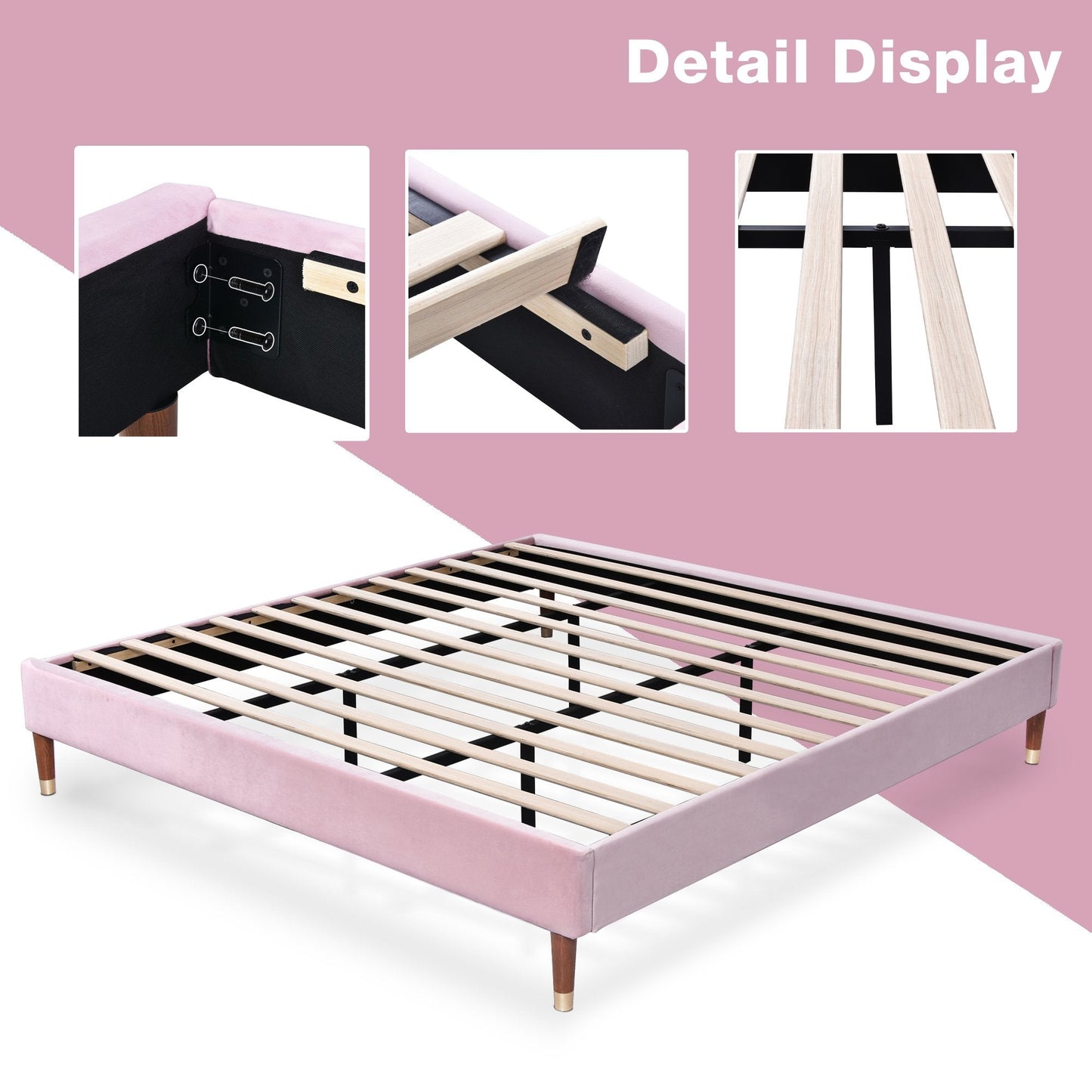 Upholstered Platform Bed Frame, Mattress Foundation with Wood Slat Support